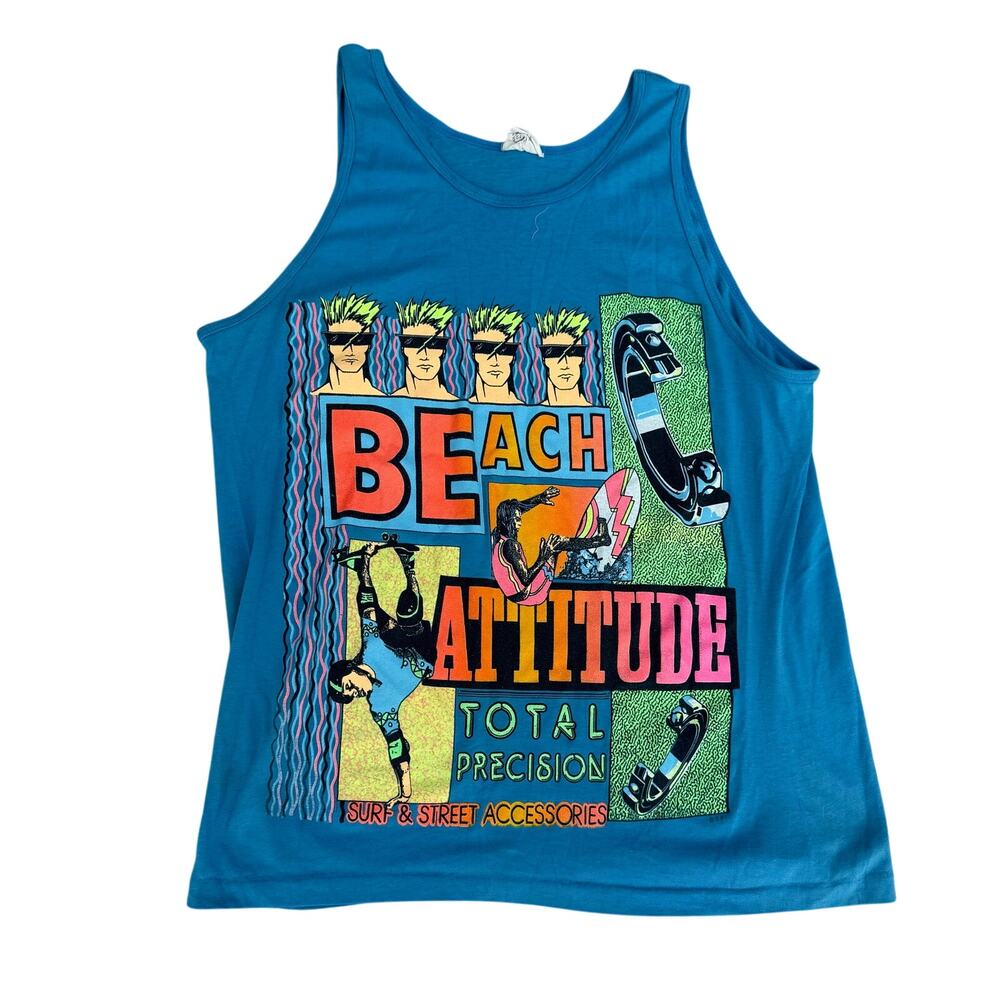 Vintage 80s California Beach Attitude Surf Street Tank Top L USA Skate Grunge
